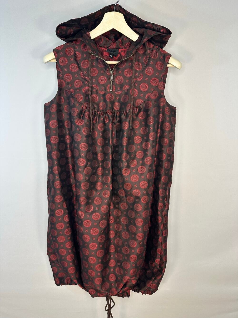 Anna Sui Medallion Tapestry Bubble Hem Long Hooded Sleeveless Pullover Jacket